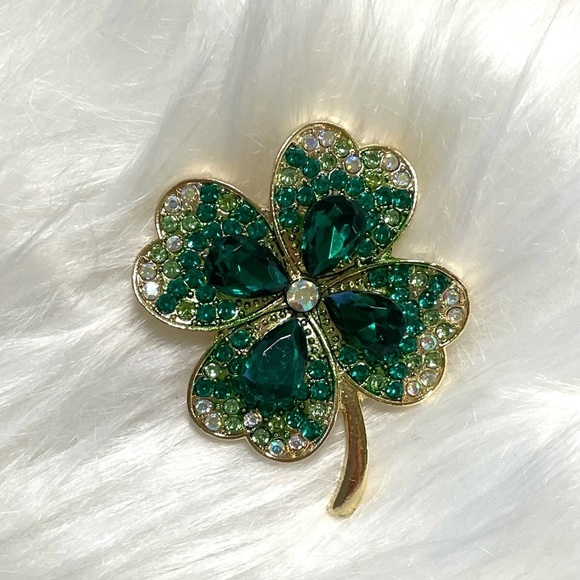 Unbranded Jewelry - Brooch Pin 4 Four Leaf Clover Shamrock Lucky Irish Green Gold Rhinestones New